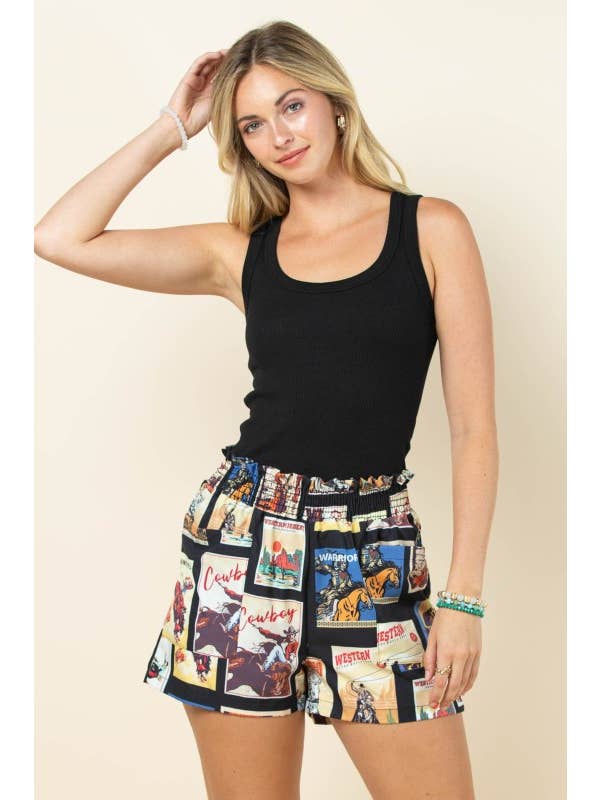 Black Multi AP1312-LESLIE VINTAGE WESTERN PRINT WOVEN SHORTS for wholesale on Faire1