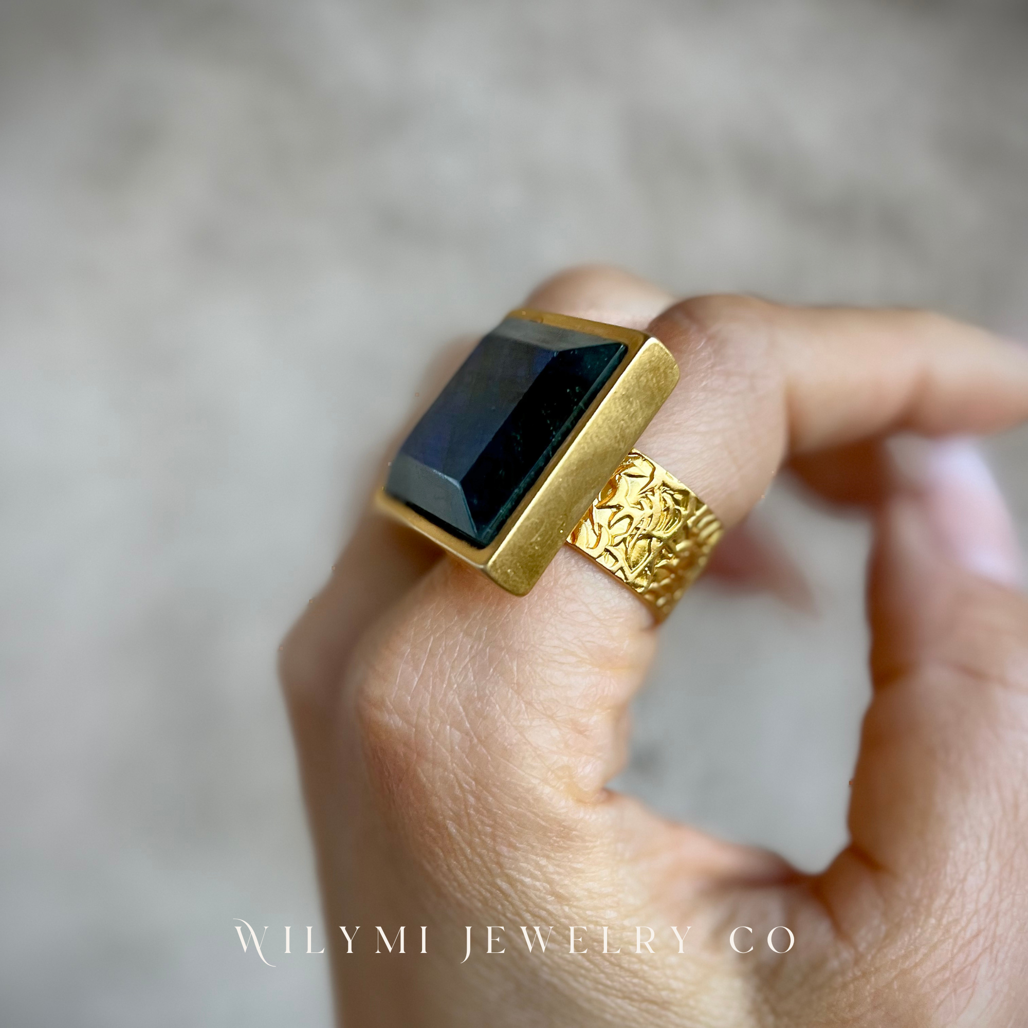 WILYMI Jewelry Co - Wholesale Cocktail/Statement Ring - PRESENCE Labradorite 20mm Square Cut | 24k GF | Adjustable10