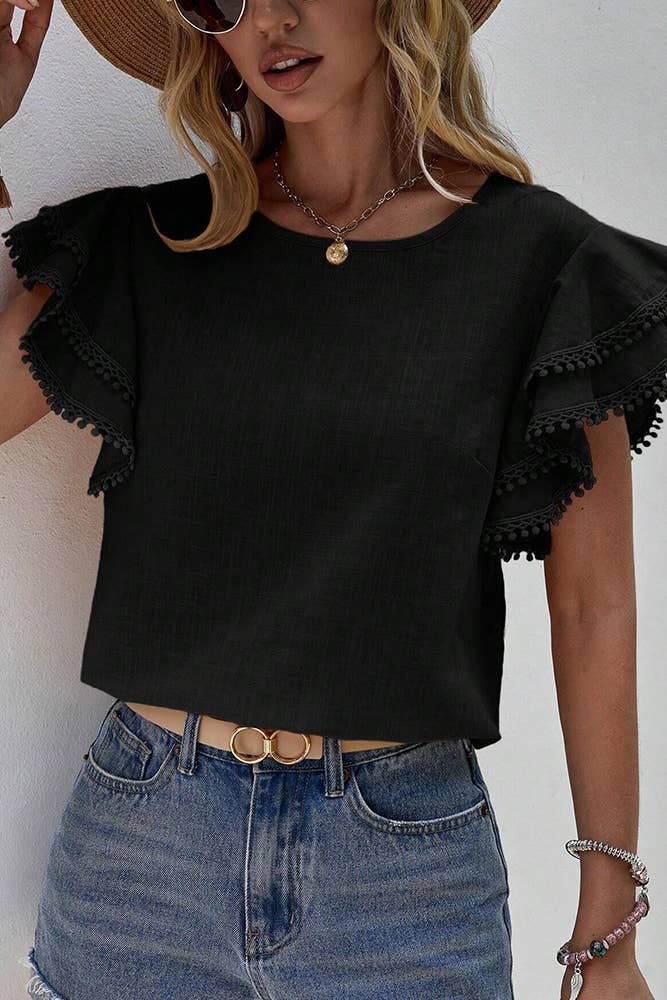 Comely Fashion - Vendita all'ingrosso Camicetta - Donna - Top a girocollo con maniche a balze in tinta unita8