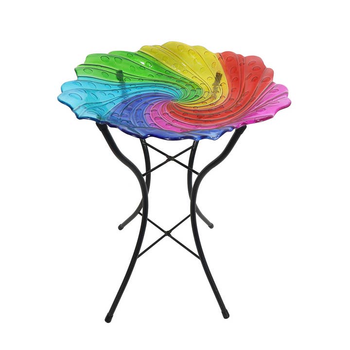 Glass Rainbow Swirl Bird Bath for wholesale by Briarwood Lane