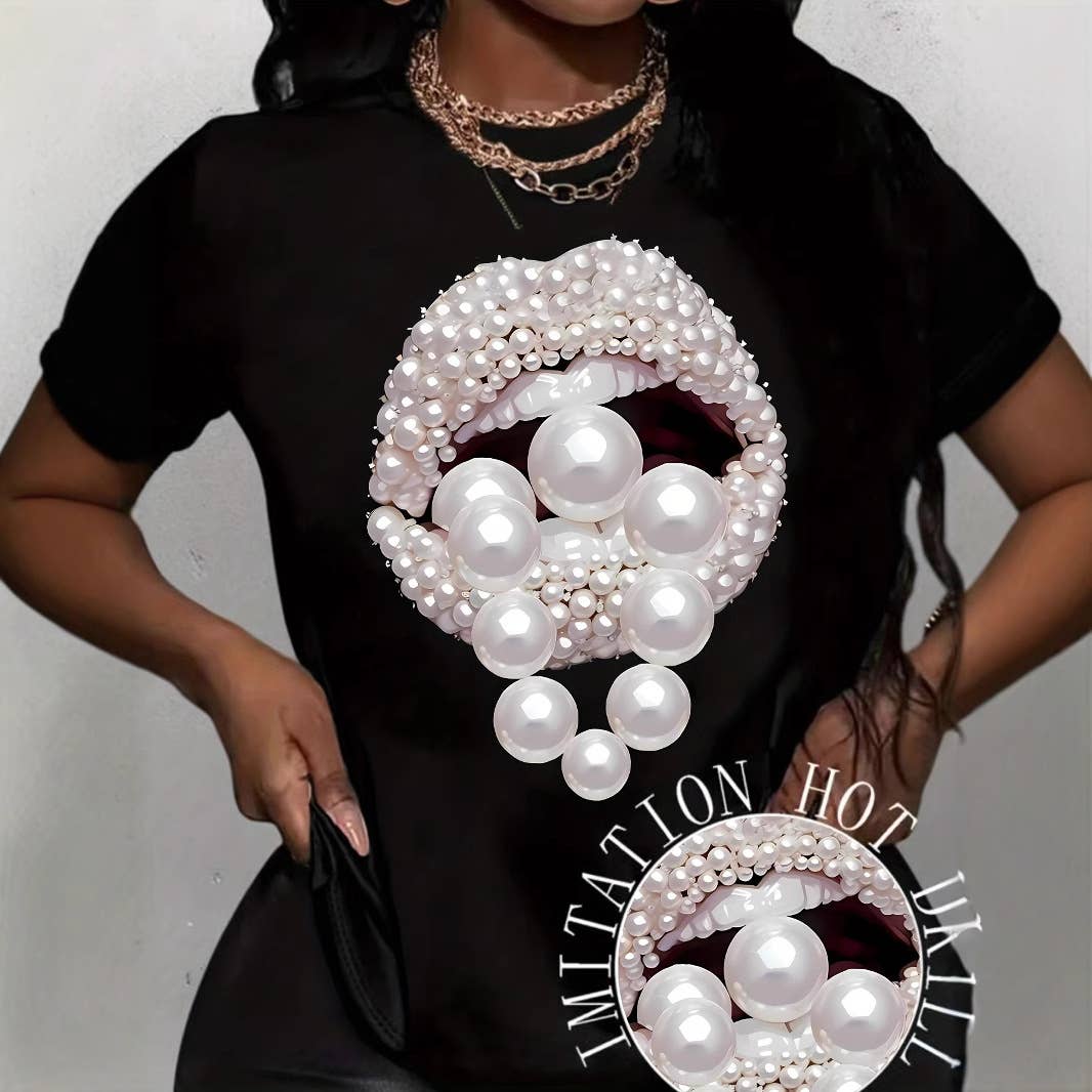 Rosa Clothing - Wholesale T-Shirt - Women's - Fashion T-shirt Round Neck Pearl Lips Print Short Sleeve1