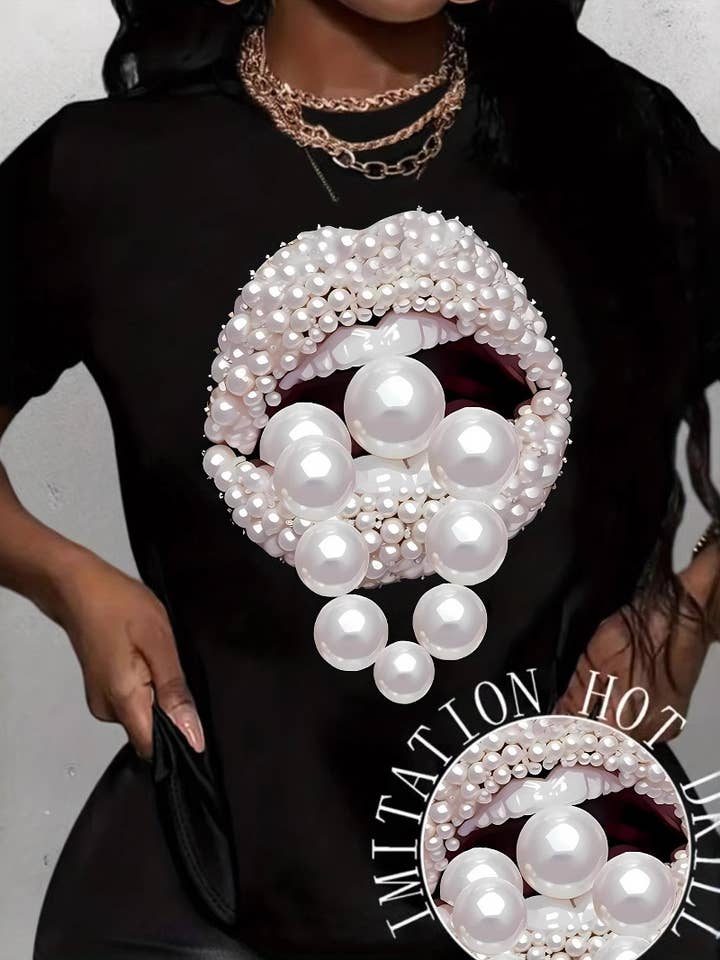 Rosa Clothing - Wholesale T-Shirt - Women's - Fashion T-shirt Round Neck Pearl Lips Print Short Sleeve1