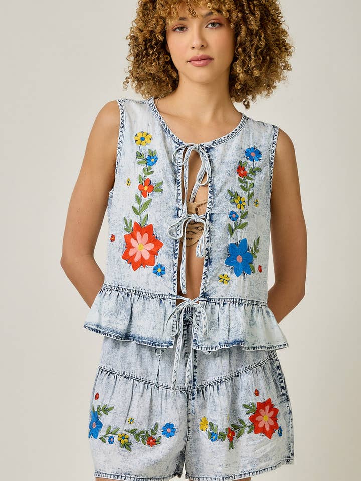 71182 Floral Embroidered Front Tie Ruffled Vest for wholesale by Mystree