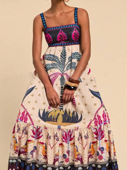 Palm 2025 SUMMER Bohemia Tropical totem print strappy flare dress for wholesale on Faire1
