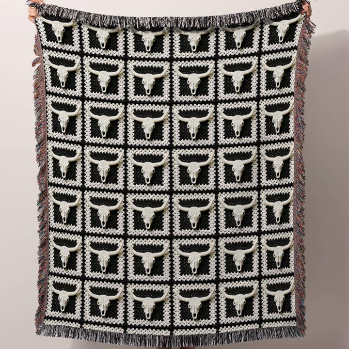 Western Bull Skull Throw Blanket - WOVEN for wholesale by PunchyStuff Studio