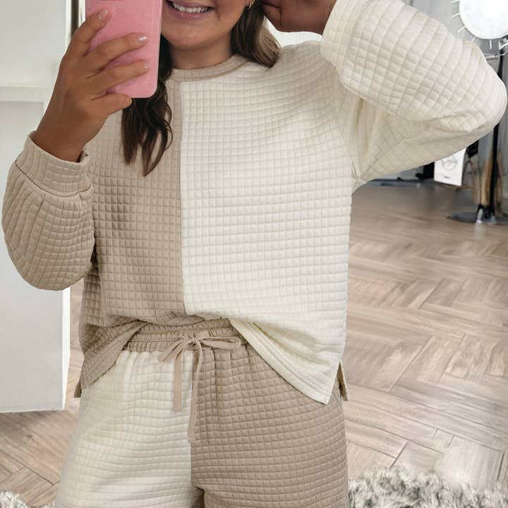 Khaki Color Block Patchwork Textured Long Sleeve Top 2pcs Short Set and other Purchase Wholesale two piece short set. Free Returns & Net 60 Terms on Faire trending on Faire.