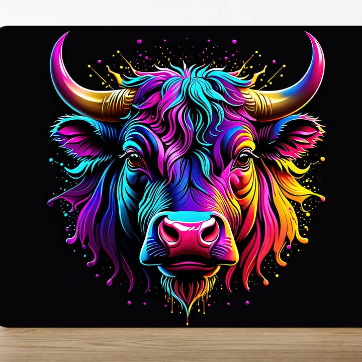mucca delle Highlands al neon colorata sfondo nero per la vendita all'ingrosso da parte di The British Metal Signs Company