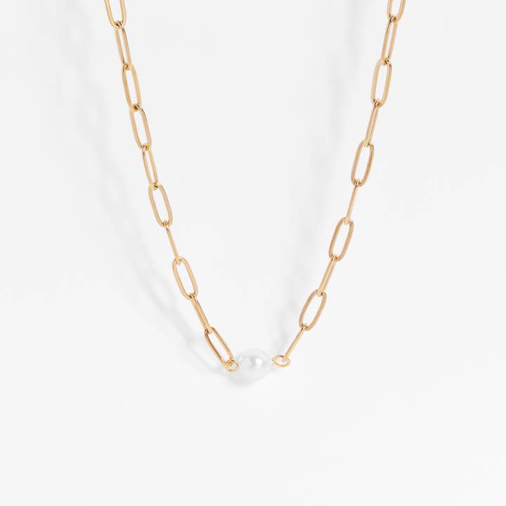 WJW - Wholesale Pendant/Charm Necklace - Stainless Steel / Gold Paperclip Necklace With Pearl