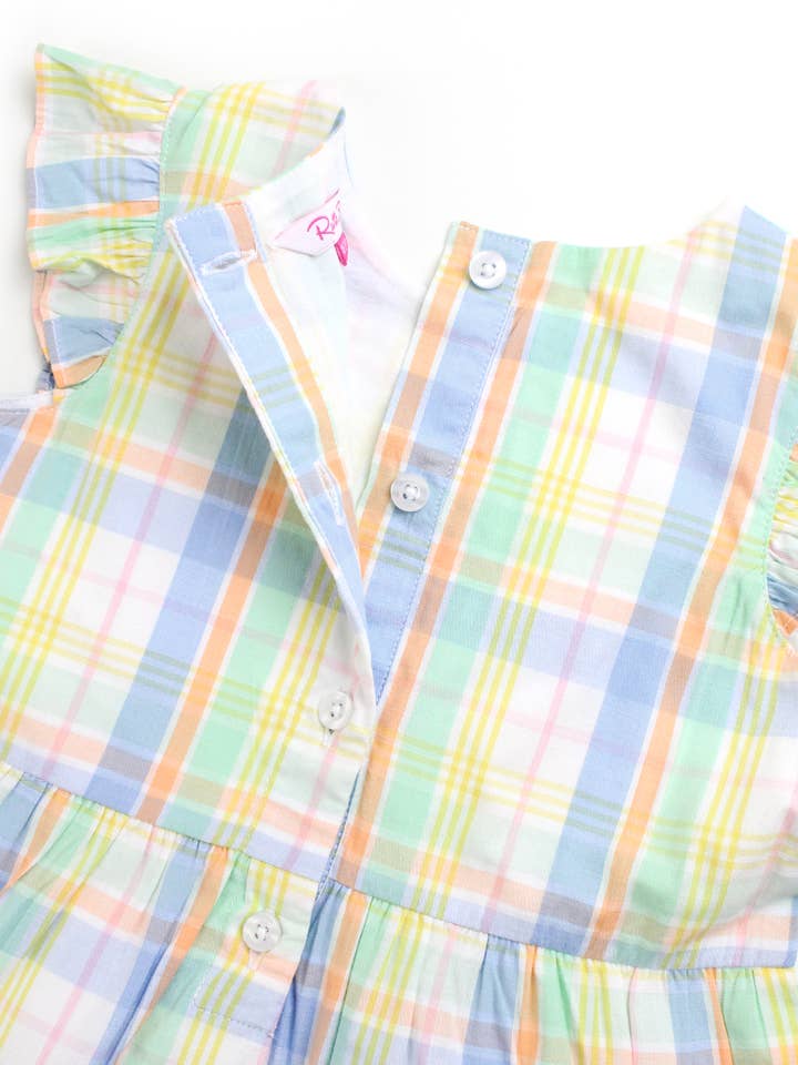 Multi Color Girls Clubhouse Rainbow Plaid Flutter Sleeve Tiered Dress for wholesale on Faire