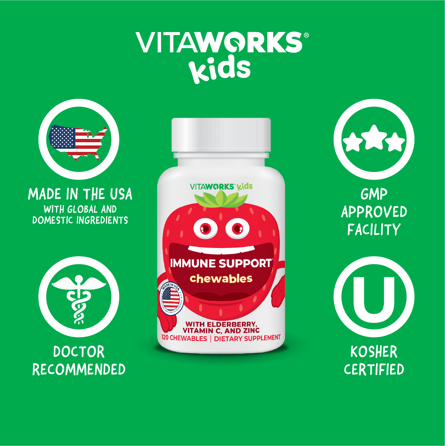 Saveur naturelle de fraises VitaWorks Kids ImmunoSupport, comprimés à croquer en vente sur Faire6