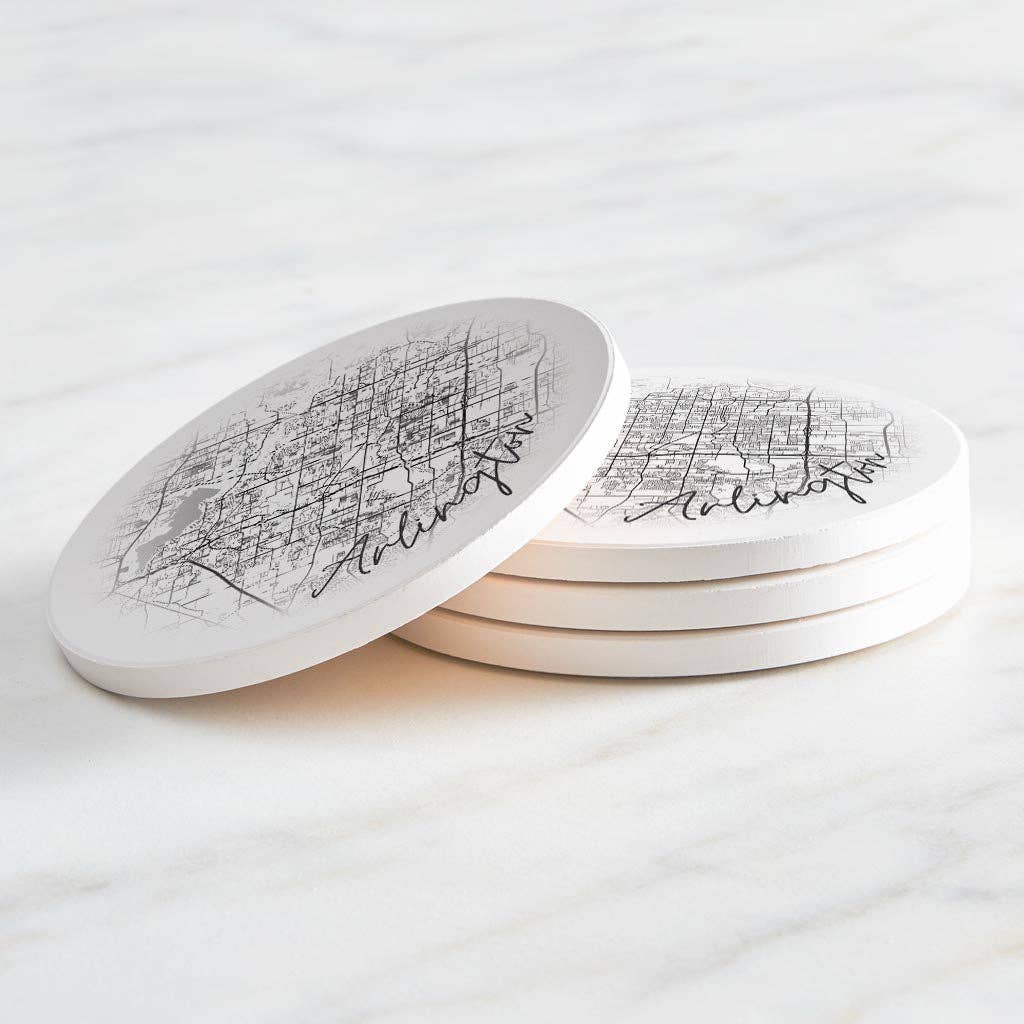 Love Local - Wholesale Coasters - Minimalistic B&W Texas Arlington Circle Map | Absorbent Coasters | Set of 4 | Min 22