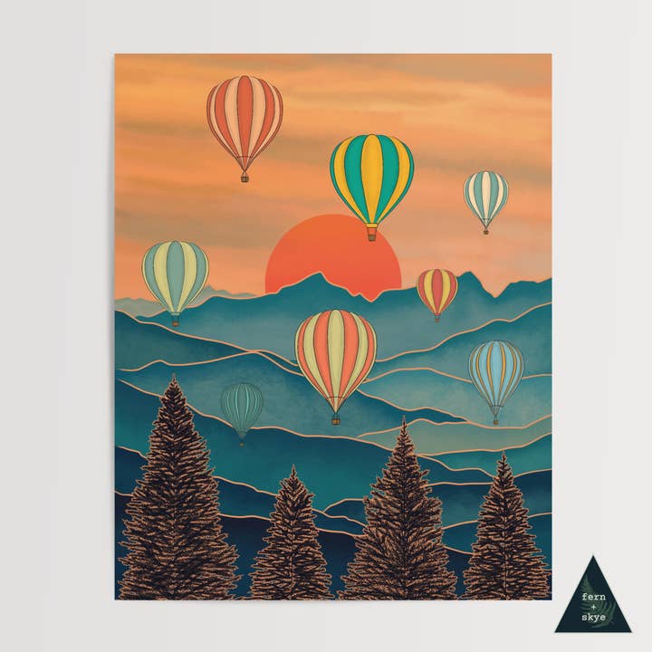 Hot Air Balloons Over Colored Mountain Skies Art Print for wholesale by Fern and Skye