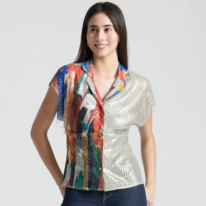 Beige Notch Collar Ikat Print Overhemden Voor Vrouwen voor wholesale door Benares