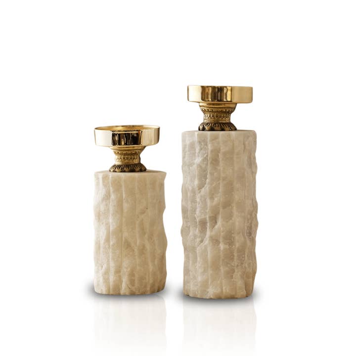 Set Of Two Carved Alabaster & Brass Candle Holders for wholesale by MARLETH