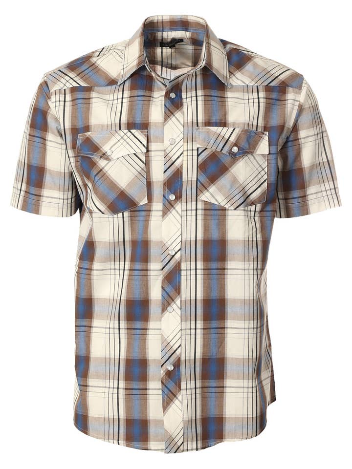 b-one inc - Wholesale Buttoned-down shirt – Men's - Men's Pearl Snap Button Down Plaid Short Sleeve Western Shirt5