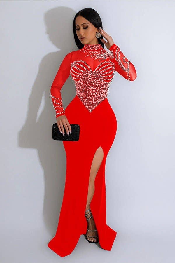 Aria Romance - Vendita all'ingrosso Abito da sera - Donna - Abito lungo in rete con spacco alto decorato2