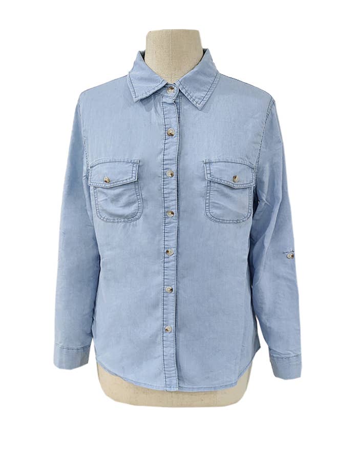 HIDDENBRAND - Wholesale Button Down Shirt - Women's - Lapel Single-Breasted Long-Sleeved Denim Shirt
