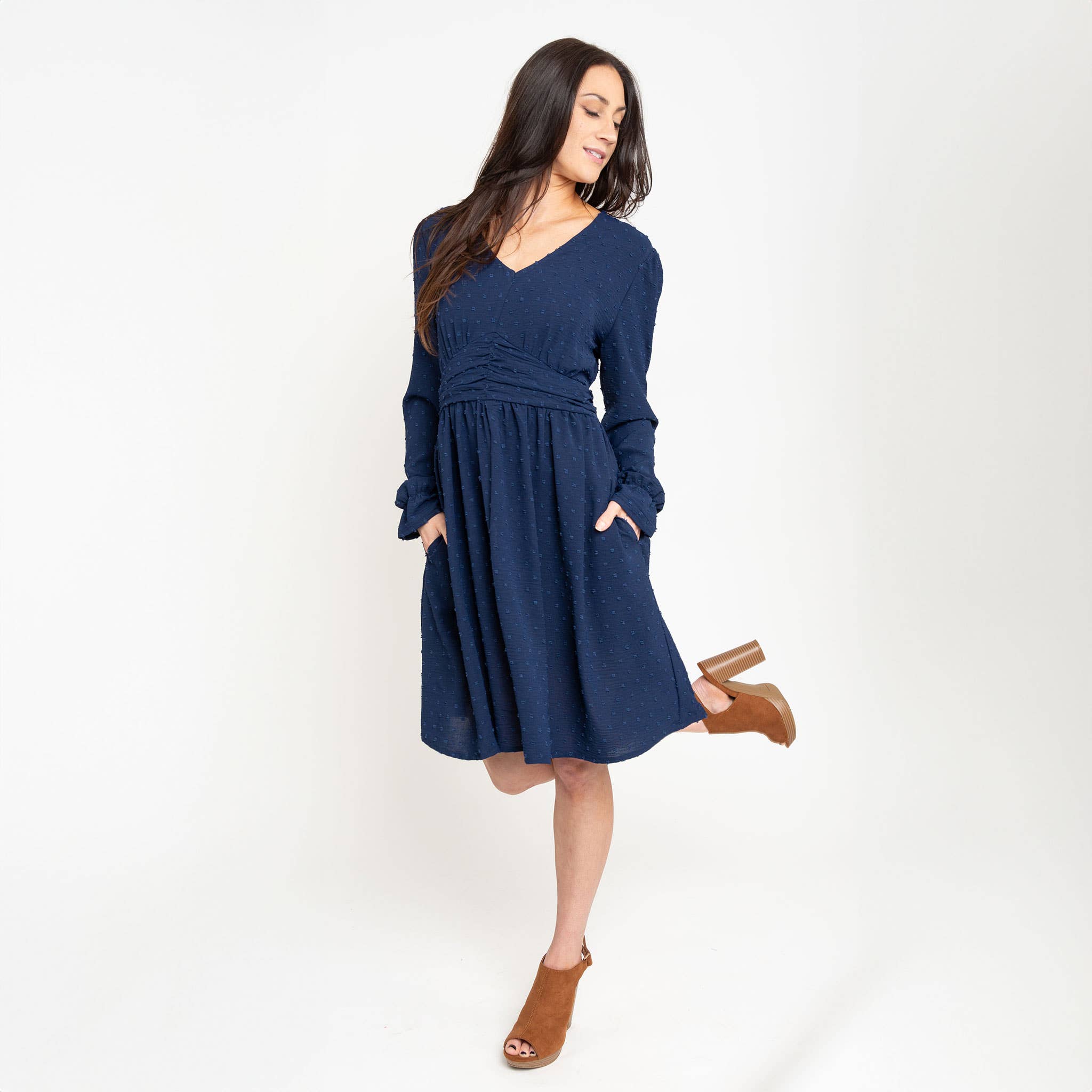 Elsie & Zoey - Wholesale Dress - Women's - Hayden Swiss Dot Long Sleeve Ruched V-Neck Dress2