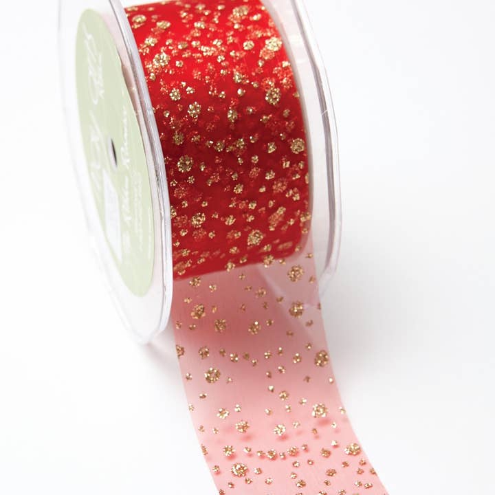 May Arts Ribbon - Wholesale Ribbon - Gift Wrapping - 1.5" Red with Gold Glitter Dots Sheer Organza Ribbon