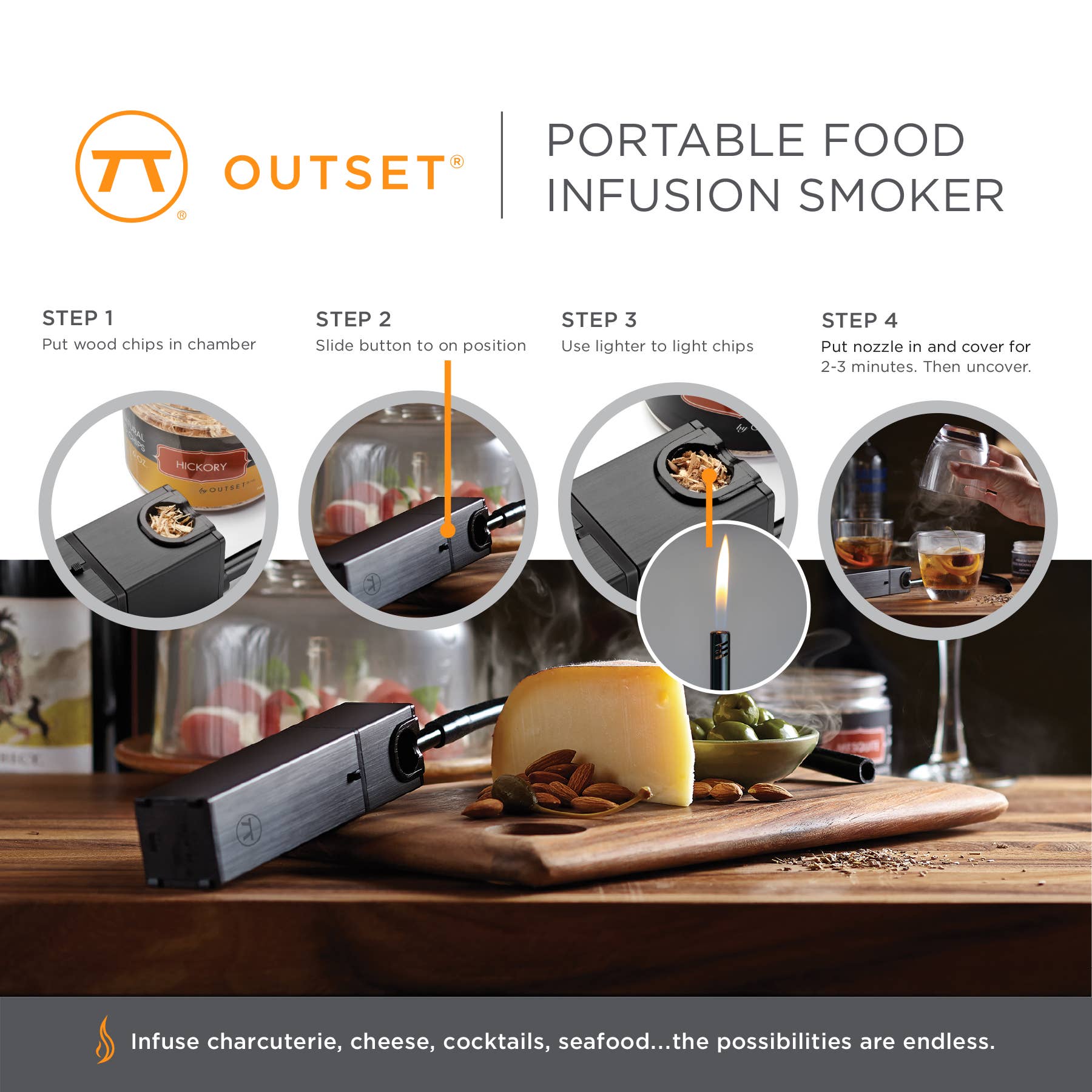 Fox Run Brands - Wholesale Kitchen Tool/Gadget - Outset Food and Cocktail Smoker, Matte Black, 1.5" x 9"6