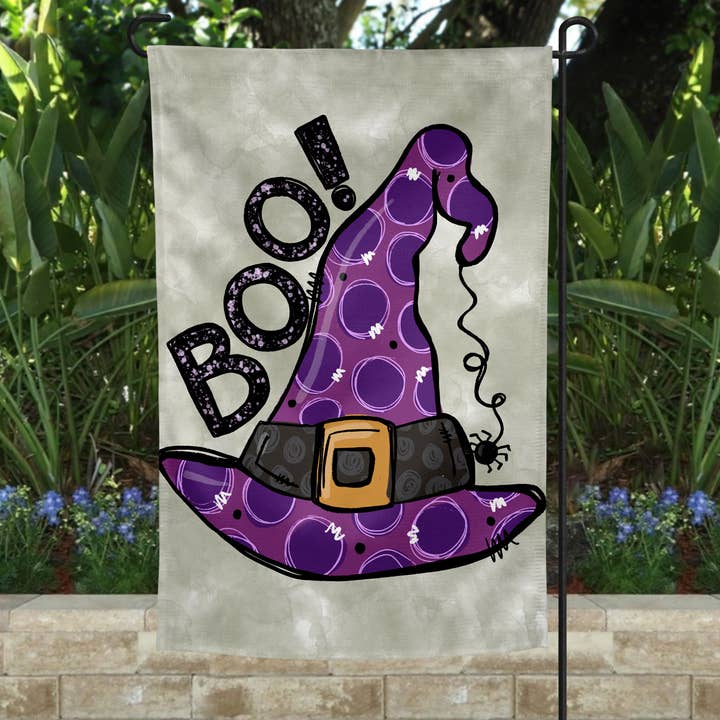 Garden Flag - Boo Purple Witch Hat Halloween for wholesale by The Spotted Zebras