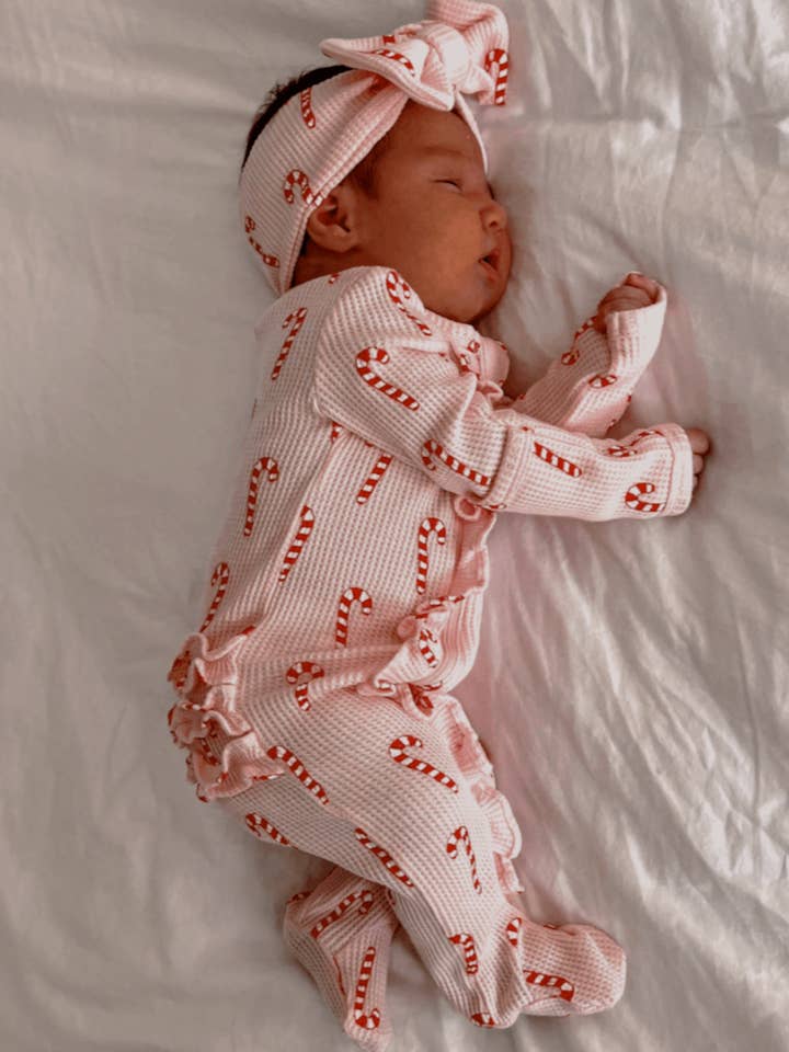 SpearmintLOVE - Wholesale Sleepsuit - Baby - Organic Waffle Ruffle Zip Footie, Pink Candy Cane2