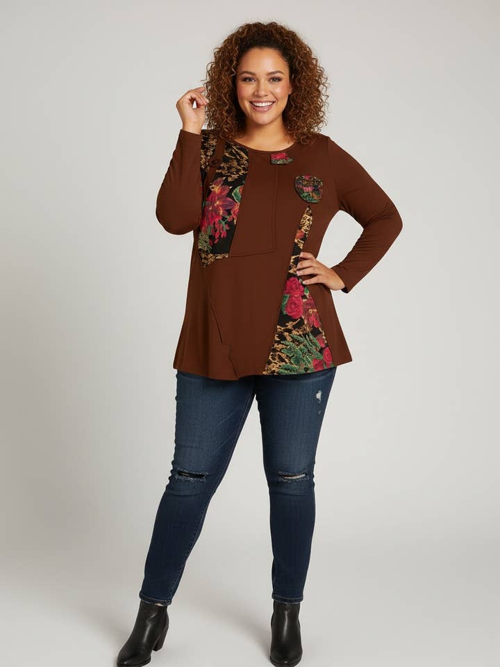 Tunica marrone taglia grande semi-stampata (A270) per la vendita all'ingrosso da parte di Pomme Rouge Paris