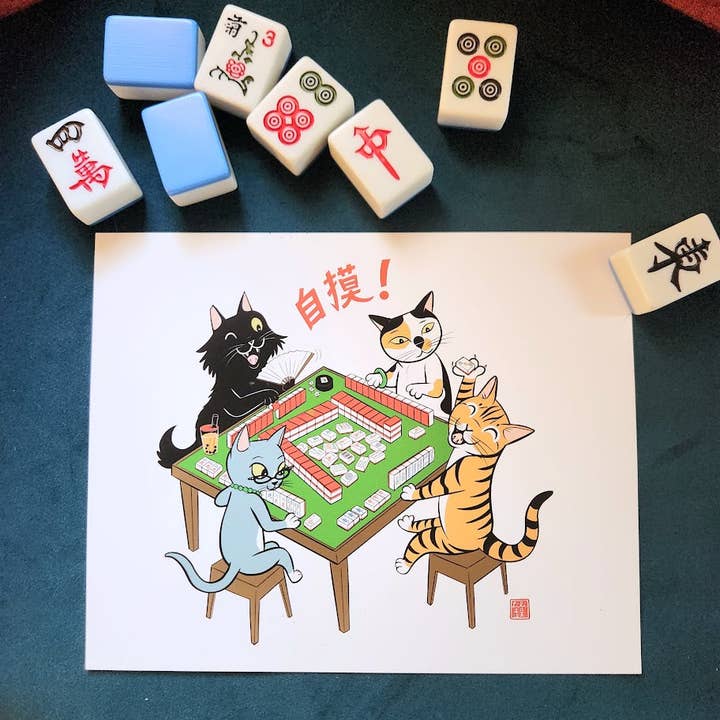 Lili Chin Art - Wholesale Art Print - CATS PLAYING MAHJONG print