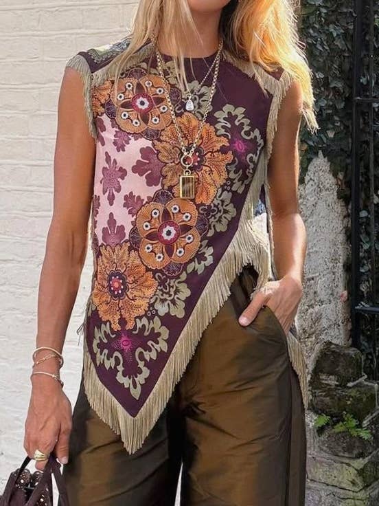 Boho Floral Print Asymmetric Tassel Trim Scarf Top for wholesale by Rosa Clothing