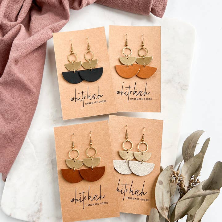 Whitebirch Handmade Goods - Wholesale Dangle Earrings - Mini Beige Leather & Brass Stacked Half Moon Dangle Earrings