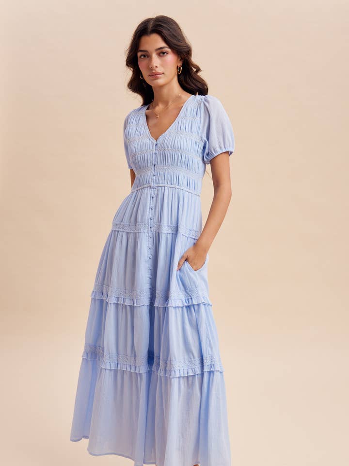 SMOCKED BUTTON DOWN TIERED MAXI DRESS for wholesale by In Loom