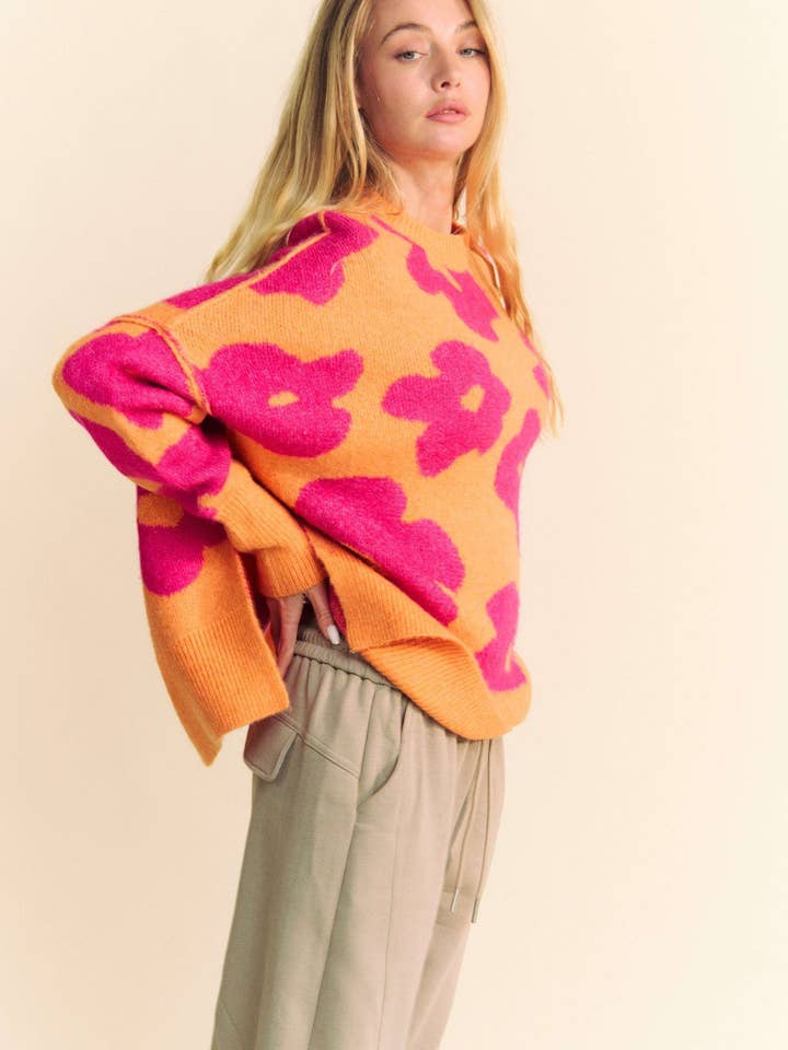 Davi & Dani - Wholesale Knit Sweater - Women's - FLORAL LONG SLEEVE LOOSE FIT PULLOVER KNIT SWEATER1