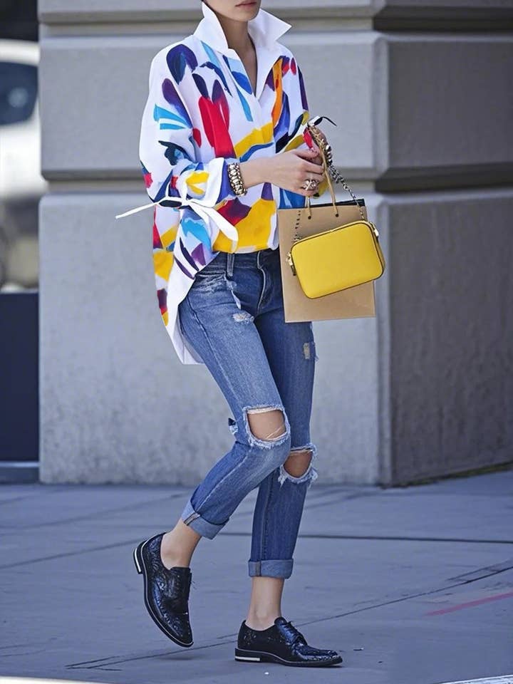 WHITE artistic printed oversized blouse shirt for wholesale on Faire1