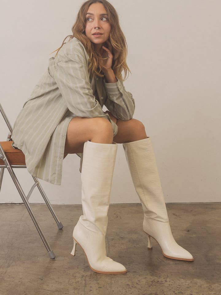 SOLD OUTThe Vanessa Off White | Reptile Print Knee High Boot for wholesale on Faire