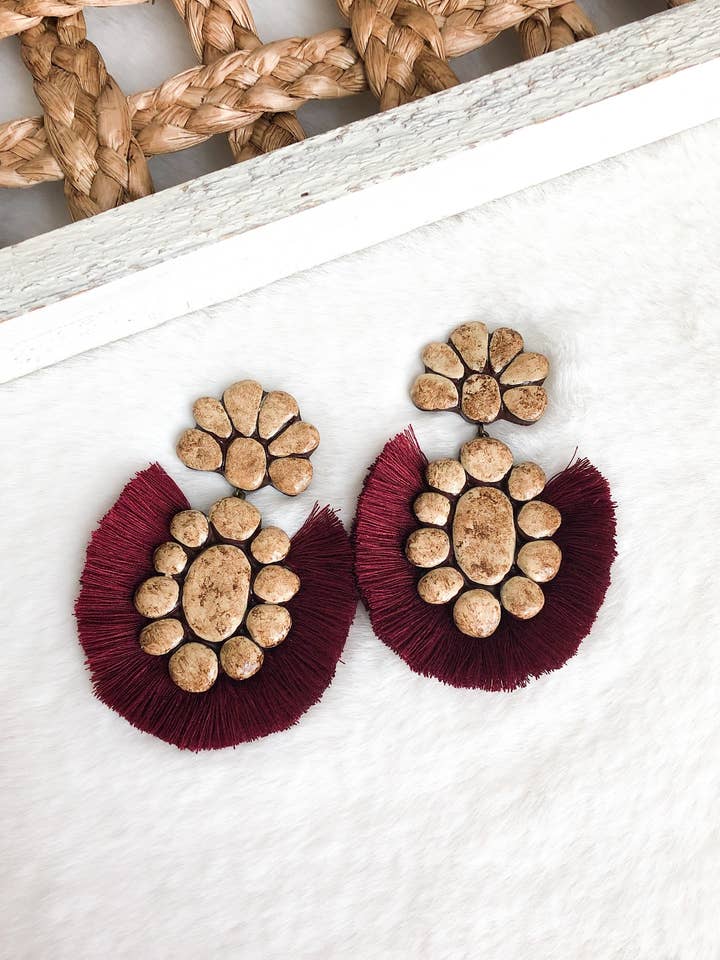 The Roan Earrings - Antique Vanilla W/Maroon/Burgundy Fringe for wholesale by Nomadic Brunette