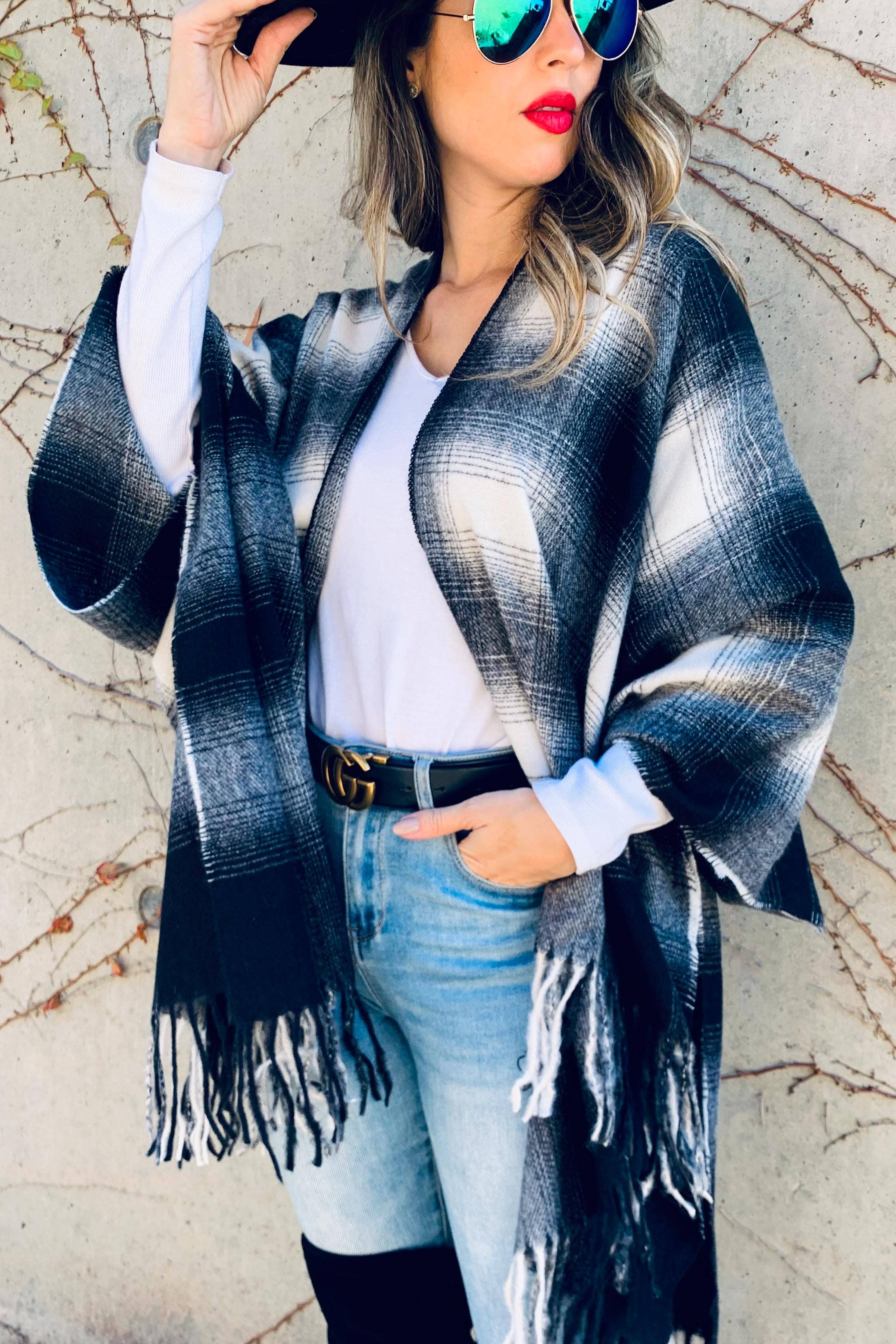 Black Plaid Printed Cozy Knitted Kimono Cardigan With Fringe for wholesale on Faire3