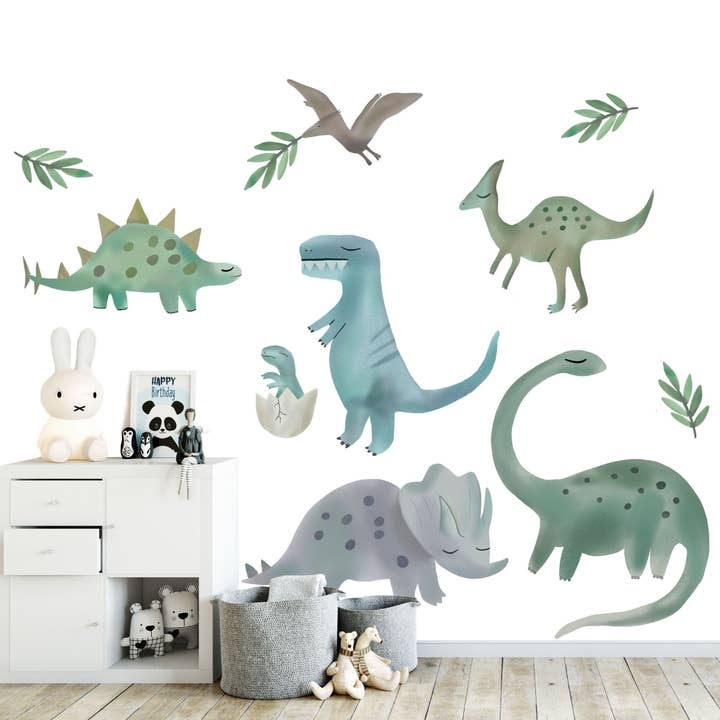 Adesivo da parete dinosauro carino blu e verde, stacca e attacca per la vendita all'ingrosso da parte di WallKoala