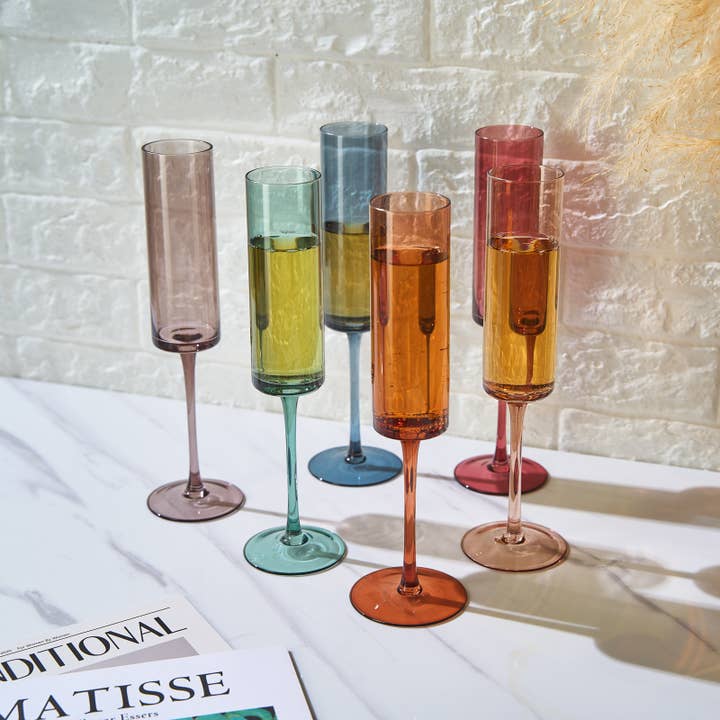 The Wine Savant / Khen Glassware – wholesale Champagne flute – Khen Muted Rainbow Champagne Flute Stemmed Glasses Set of 6