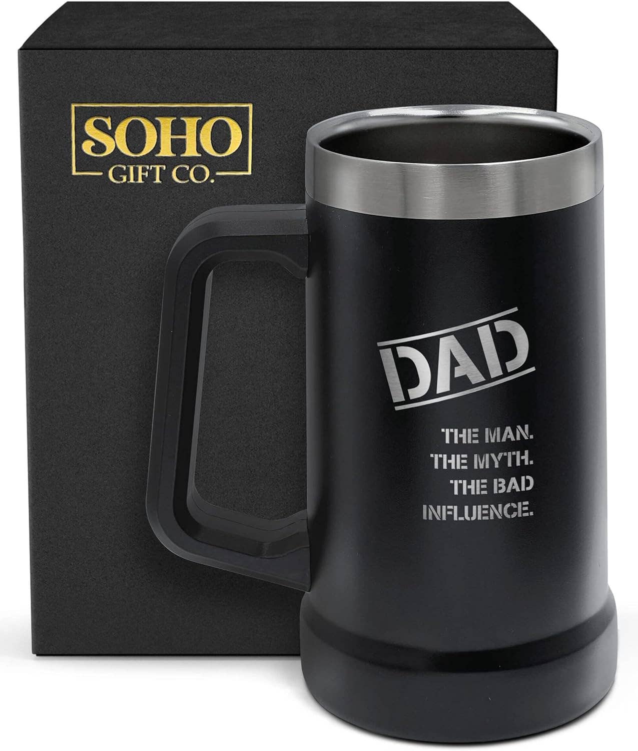 Infinite Basics - Wholesale Coffee Mug - SoHo Funny Beer Mug Gifts for Dad - Stainless Steel Insulated XL 24oz Tumbler Cup with Handle “Dad, Man, Myth, Bad Influence” (Fathers Day/Birthday/Christmas) Gift Boxed3