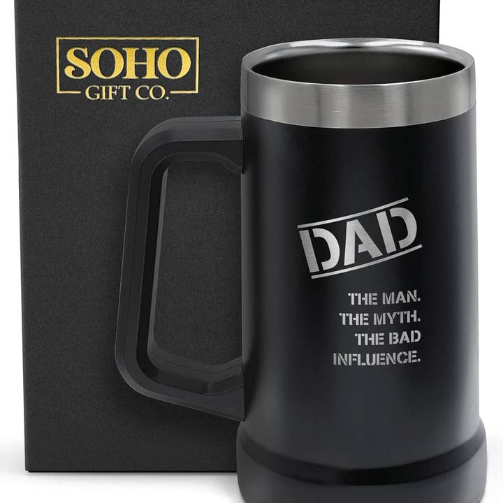 Infinite Basics - Wholesale Coffee Mug - SoHo Funny Beer Mug Gifts for Dad - Stainless Steel Insulated XL 24oz Tumbler Cup with Handle “Dad, Man, Myth, Bad Influence” (Fathers Day/Birthday/Christmas) Gift Boxed3