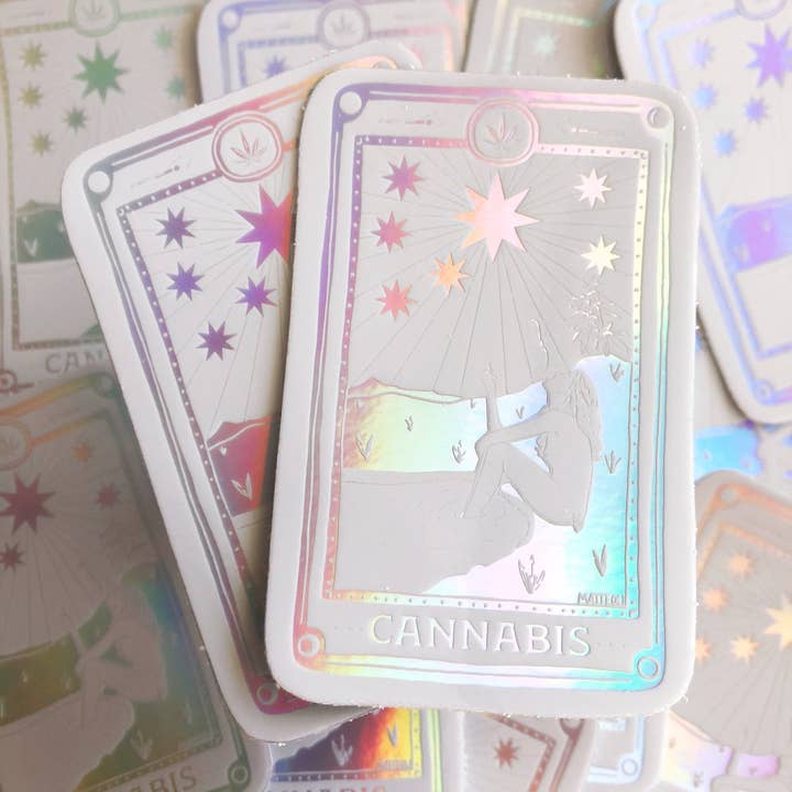 Cannabis Tarot Holographic Sticker for wholesale by Mother of the Moon