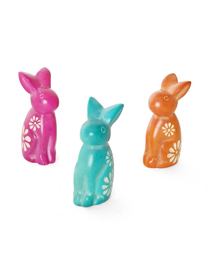 Set of Three Colorful Floral Soapstone Bunny Rabbits for wholesale by Swahili | AFRICAN MODERN