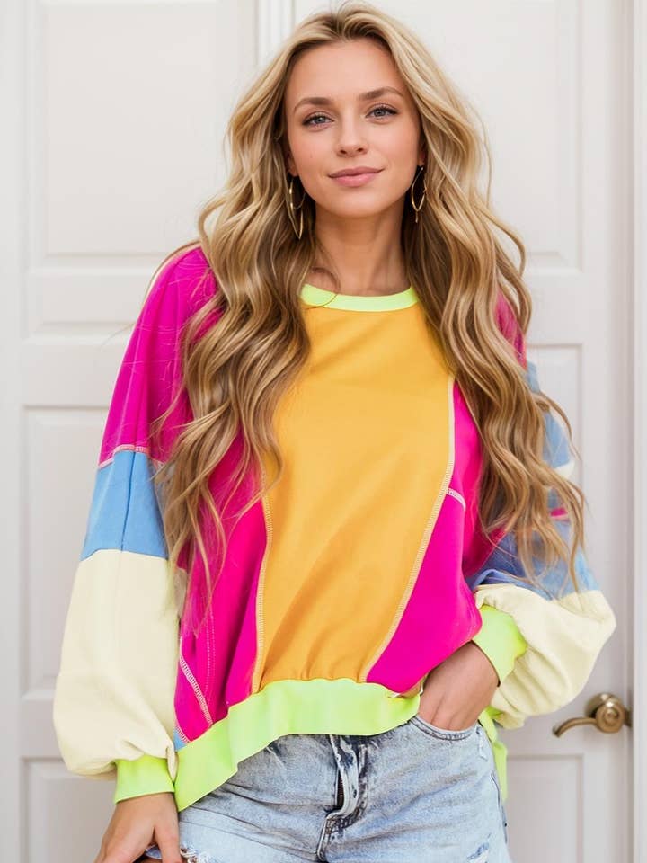 Colorblock Exposed Stitching Oversize Top for wholesale by LiveFashionWay