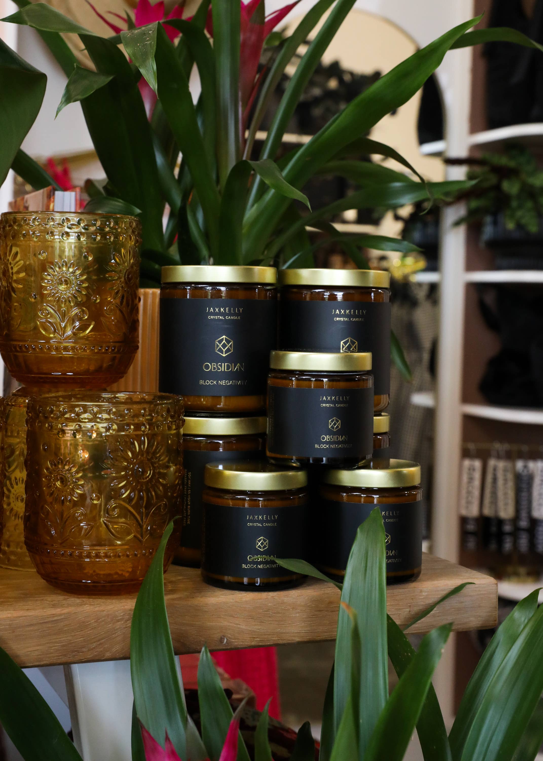 JaxKelly Candles - Wholesale Jar/Filled Candle - 4oz Amber Crystal Candles - Obsidian - Block Negativity5