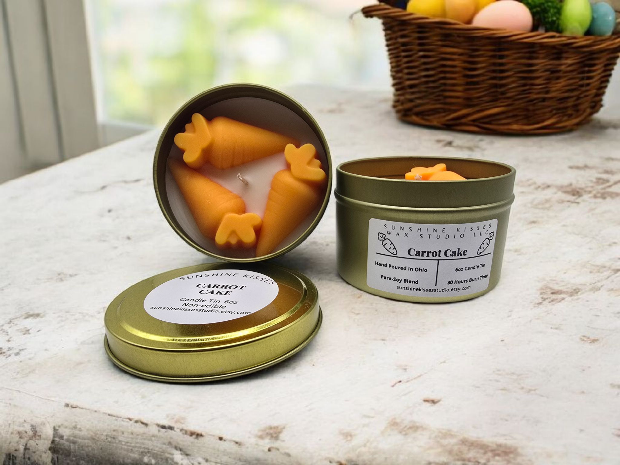Sunshine Kisses Wax Studio LLC - Wholesale Travel Candles - Carrot Cake 6oz Candle Tin 1
