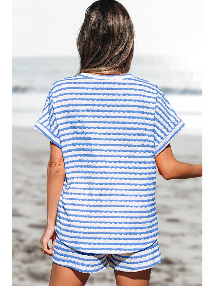 Aapparella - Vente Ensemble de vêtements d'intérieur – femme - Ensemble haut tricoté à rayures et short à cordon | S-XL