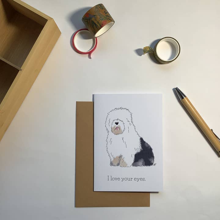 Cute romantic sheepdog card for wholesale by Little Red Fox Designs