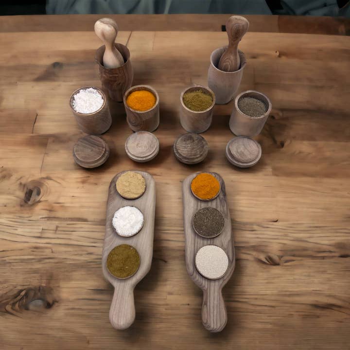 Moroccan Walnut Wood Spices Pack, Spices Accessories, Mortar and Pestle, two wooden Spice Trays, Wooden Spice Jars with accompanying spoons. for wholesale by Moroccantastics