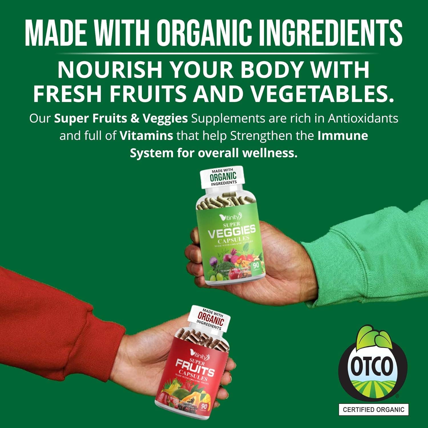 Vitinity – Engroshandel Kosttilskud og vitaminer – Fremstillet med økologiske frugter og grøntsager kapsler - Superfood grøntsagsvitamintilskud til kvinder og mænd - Bland af frugter og grøntsager til daglig sundhed. Frugt- og grøntsagstilskud (30-dages forbrug)8