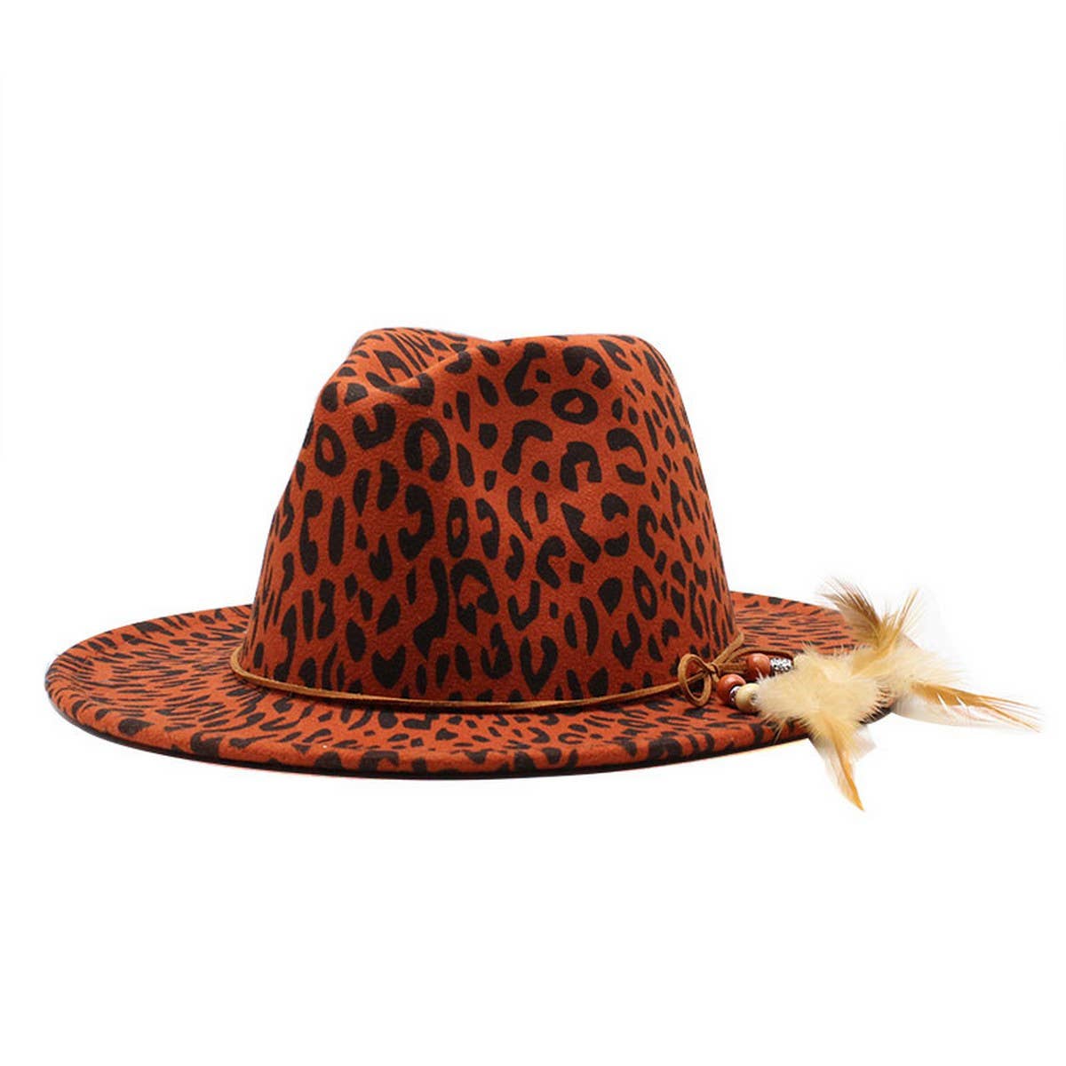 DOUBLJU - Wholesale Fedora - Unisex - LEOPARD PRINT FLAT BRIM WIDE BRIM FEATHER JAZZ HAT_CWAH2733